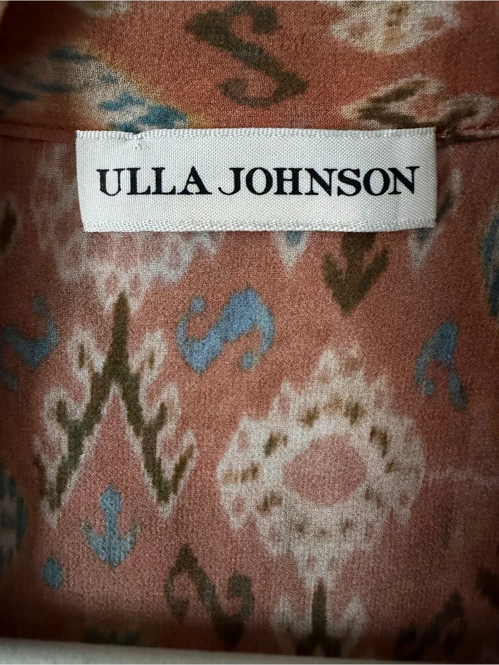 Ulla Johnson Rust Ikat Tie-Neck Blouse with Puff Sleeves